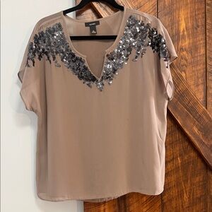 Alfani Beige Blouse with Metallic Sequin Accents